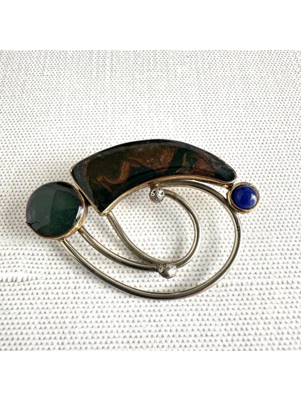 Mid-Century Gold-Tone Silver-Tone Modernist Brooch Glass Stones 2"